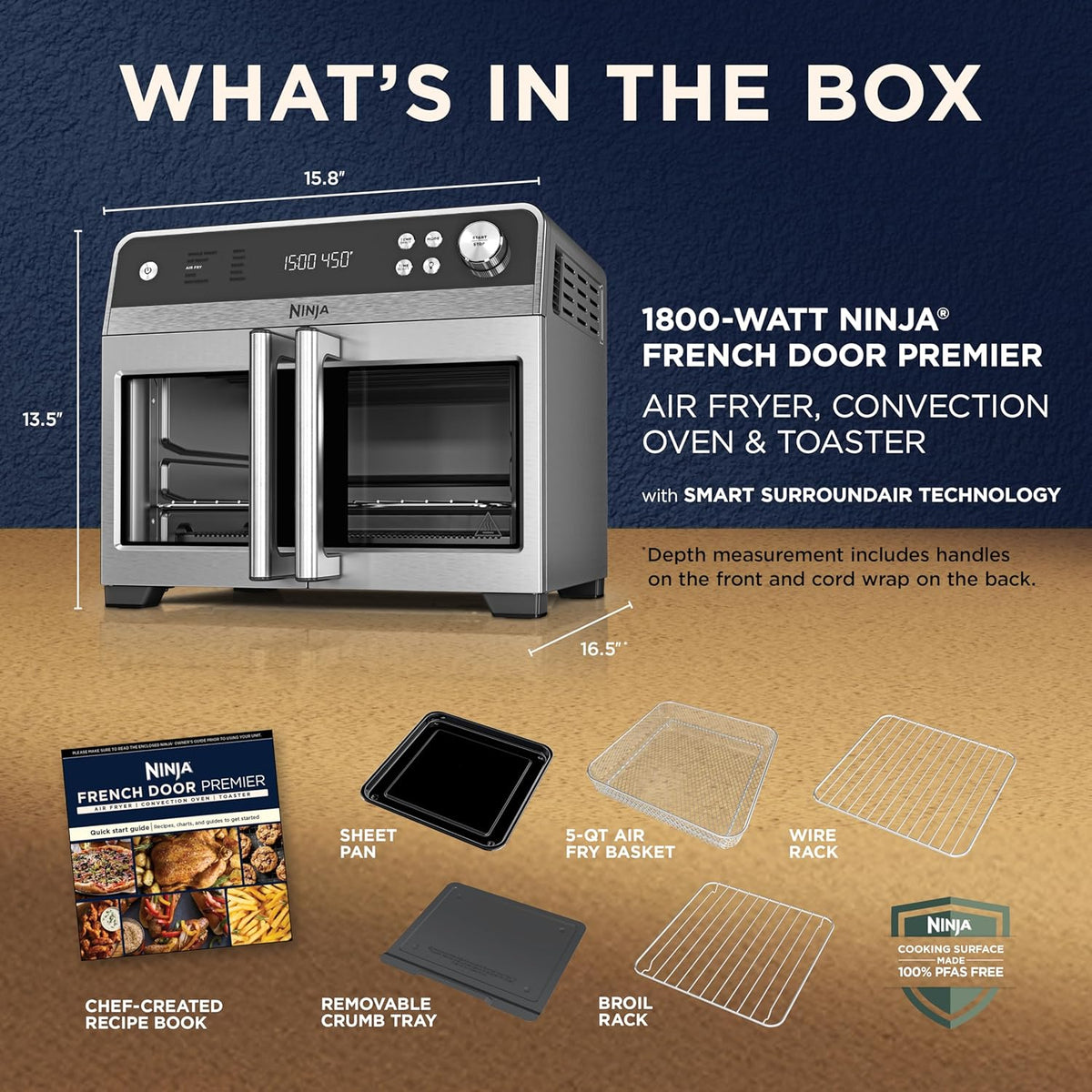 Ninja French Door Premier Air Fry Oven, 10-in-1, 20.3 Qt, Stainless, FO101 | 450F cyclonic air, PFAS-free surface, Air fry, sear crisp, bake, broil, toast, dehydrate