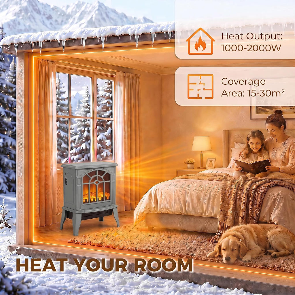 HOMCOM Freestanding Electric Fireplace LED Flame Effect 1000W/2000W, Grey