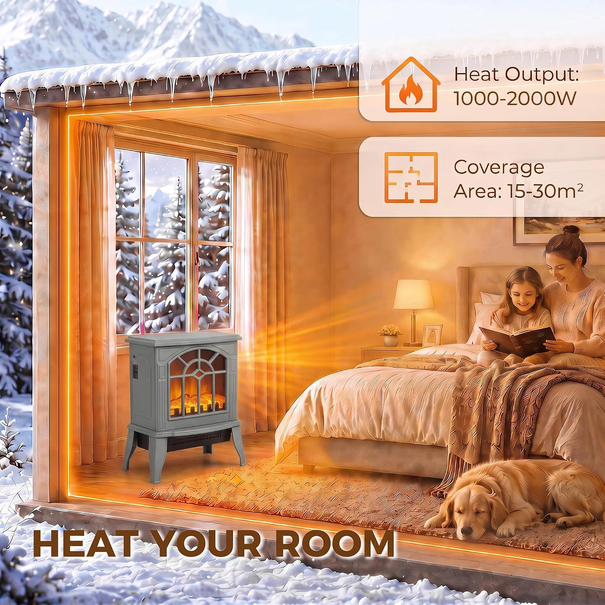 HOMCOM Freestanding Electric Fireplace LED Flame Effect 1000W/2000W, Grey
