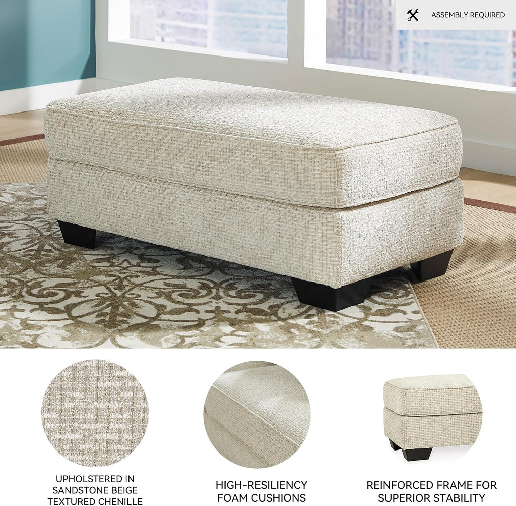 Signature Design by Ashley Rectangular Ottoman, Sandstone Beige | Firmly cushioned 100% polyester chenille fabric, Generous 44-inch scale for coffee table or lounge use, Monaghan Series
