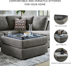 Signature Design by Ashley Putty Grey Ottoman with Storage | Square storage ottoman with reversible tray top and built-in cup holders, Putty grey herringbone chenille, O'Phannon Series