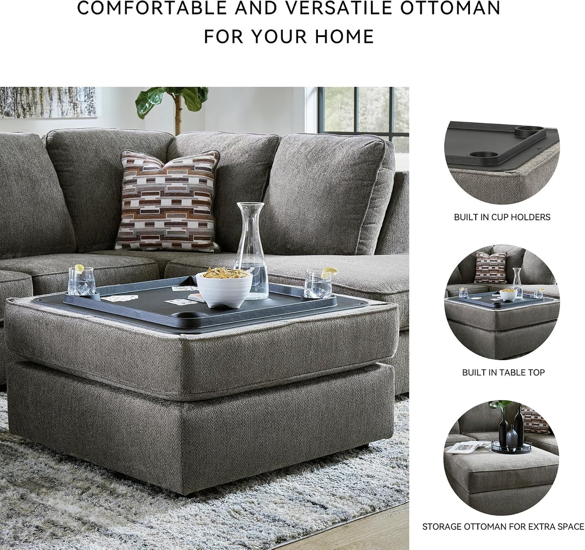 Signature Design by Ashley Putty Grey Ottoman with Storage | Square storage ottoman with reversible tray top and built-in cup holders, Putty grey herringbone chenille, O'Phannon Series