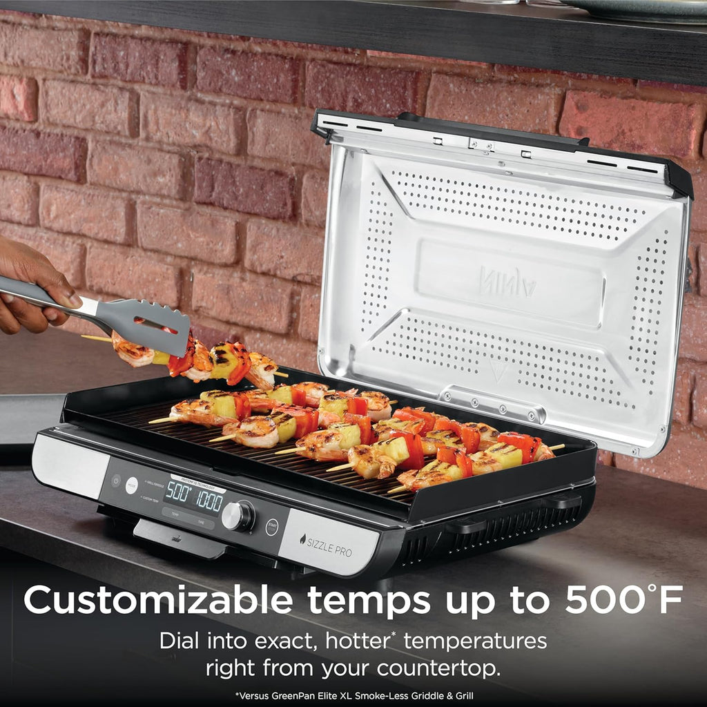 Ninja® Sizzle™ Pro XL 20'' Indoor Griddle & Grill, Silver, GX101 | 40% larger cooking surface, ProTemp IQ edge-to-edge heat, ceramic nonstick plates, detachable ventilated lid, grease control.