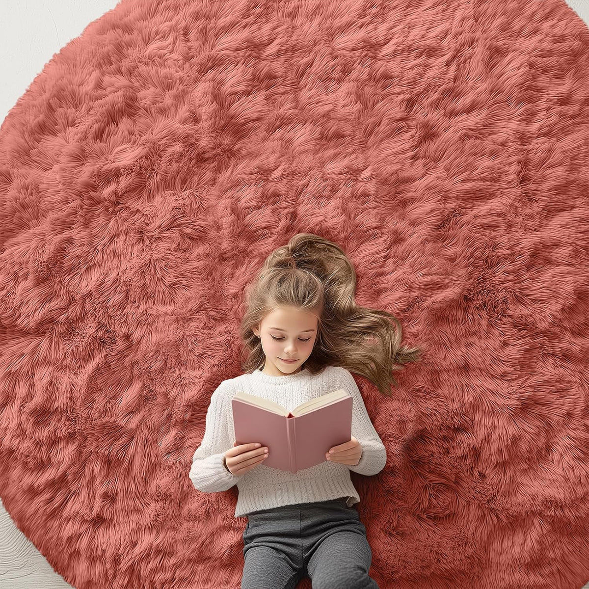 OLANLY Beige Round Rugs for Bedroom - Machine Washable, 4 ft Circle Area Rugs for Living Room, Soft and Fluffy Shaggy Carpet for Teen Girls and Boys, Nursery Rooms, Dorms, Home Decor Aesthetic