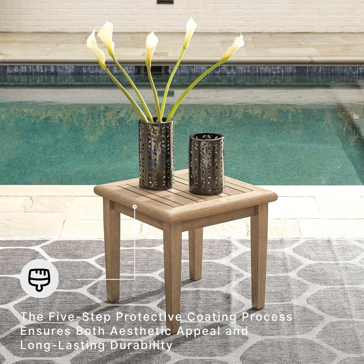 Signature Design by Ashley Gerianne Outdoor End Table, Eucalyptus Wood | Weather-resistant 5-step protective coating, Spacious 24-inch square slatted top, Sturdy 22-pound frame with tapered legs