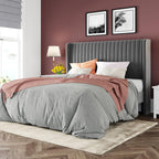Allewie Queen Size Velvet Bed Frame/Vertical Channel Tufted Wingback Headboard/Upholstered Platform Bed/Strong Wooden Slats/No Box Spring Needed/Easy Assembly/Grey
