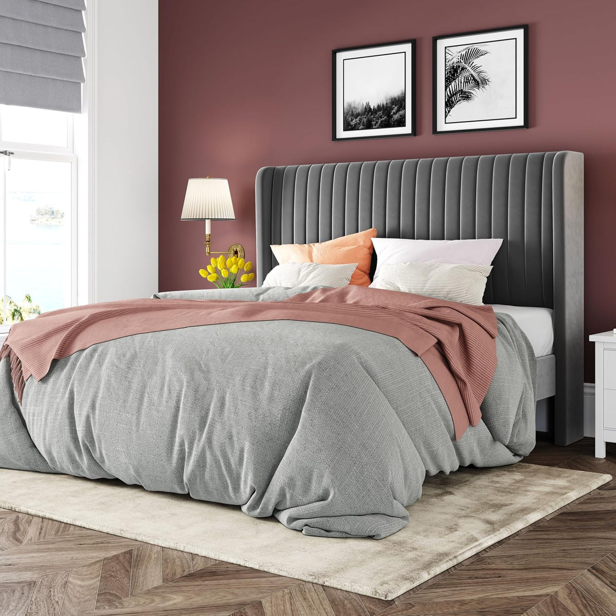 Allewie Queen Size Velvet Bed Frame/Vertical Channel Tufted Wingback Headboard/Upholstered Platform Bed/Strong Wooden Slats/No Box Spring Needed/Easy Assembly/Grey