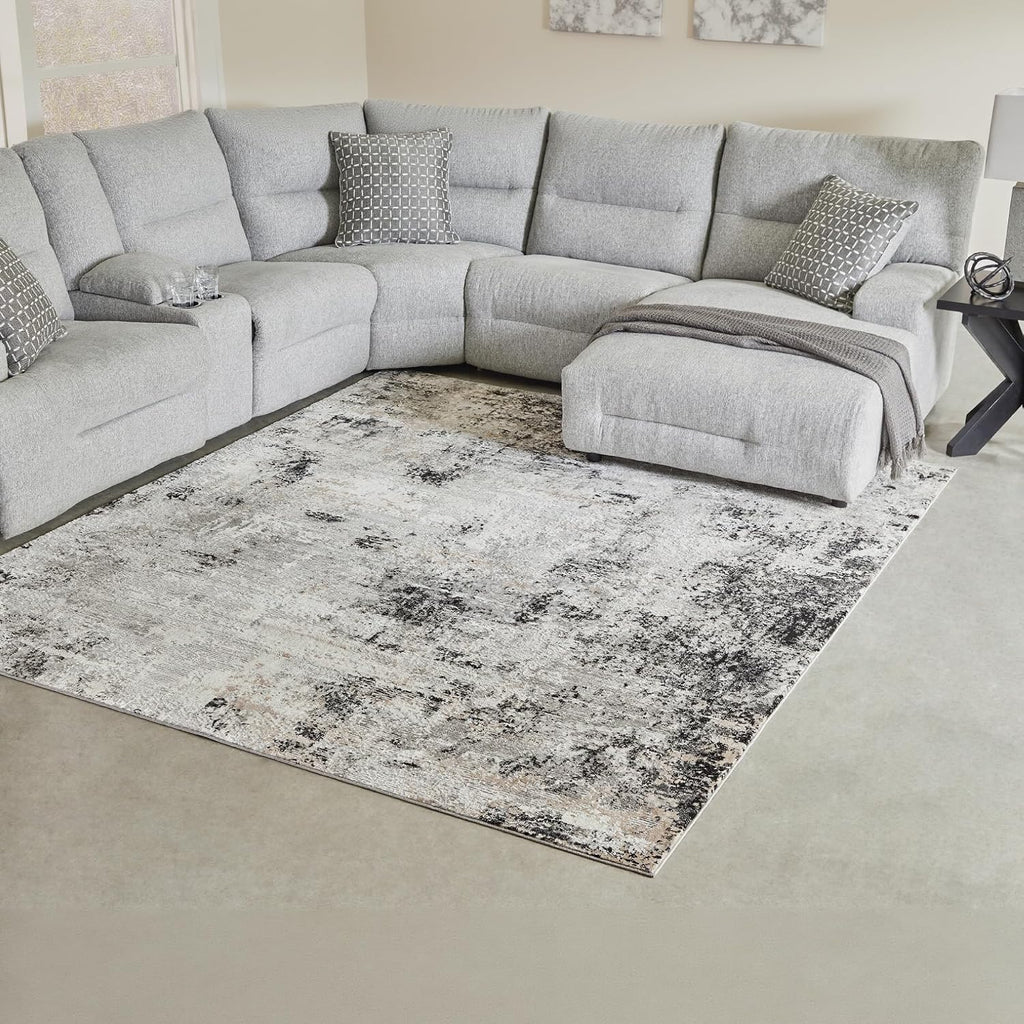 Signature Design by Ashley Langwell 8' x 10' Area Rug, Black & Gray | 100% polyester fabric, Natural jute backing, 9 mm medium pile, Contemporary modern style, Living room and bedroom use