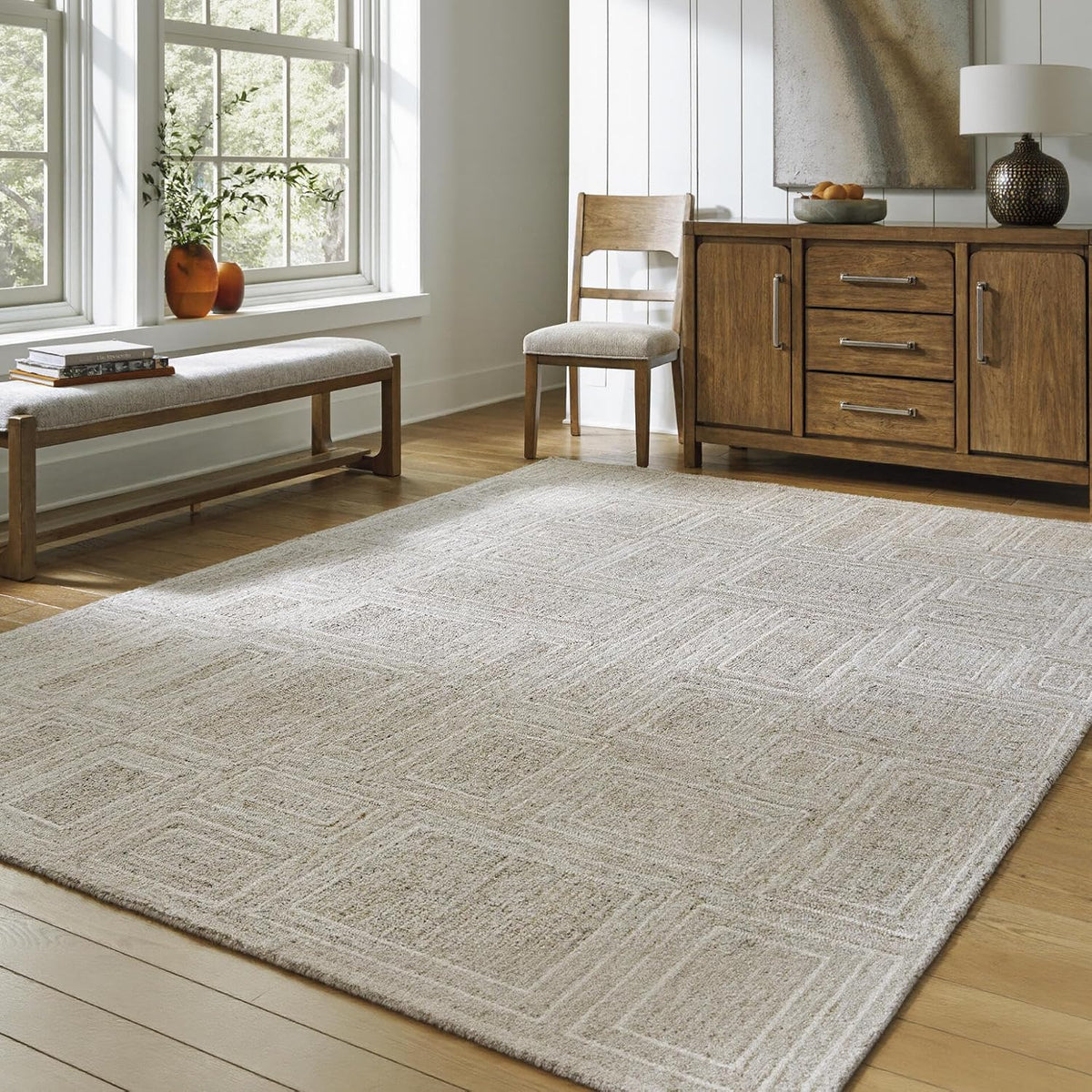 Signature Design by Ashley 8x10 Area Rug, Gray Ivory Wool Tufted Rug | Contemporary geometric style for bedrooms, By Ashley Furniture, Polyester 80% | Wool 20% tufted blend, Brickburgh Series