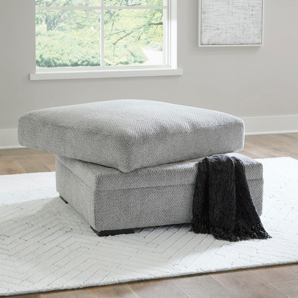 Signature Design by Ashley Square Ottoman with Storage and Cup Holders | Cement gray 100% polyester velvet, No assembly required, Faux wood legs, Casselbury Series