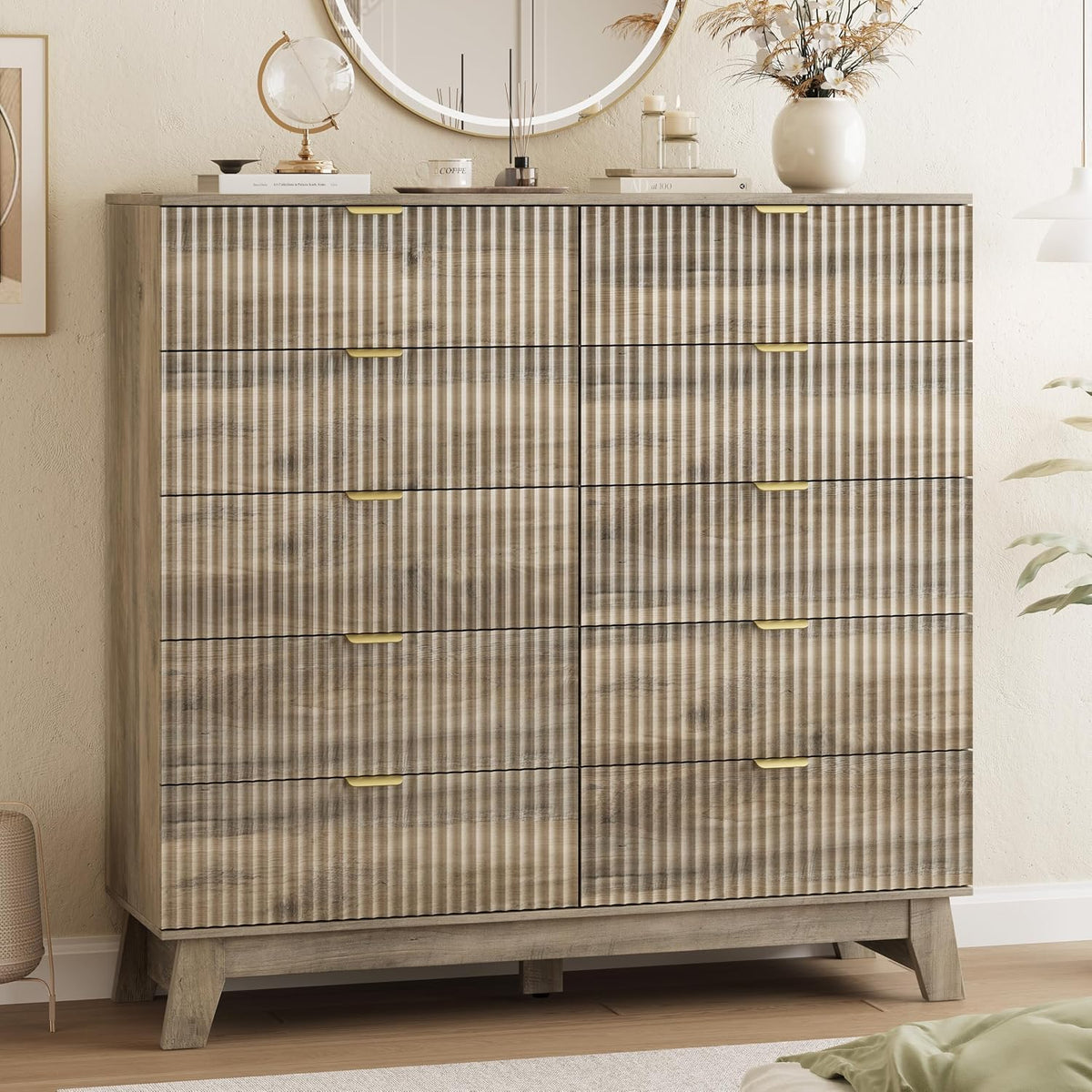 Xixini Fluted Dresser for Bedroom with 9 Drawers, 57" Wide Modern Chest of Drawers with Metal Handle, Wooden Dresser TV Stand, Wood Closet Clothes Storage Organizer for Living Room, Hallway, Walnut