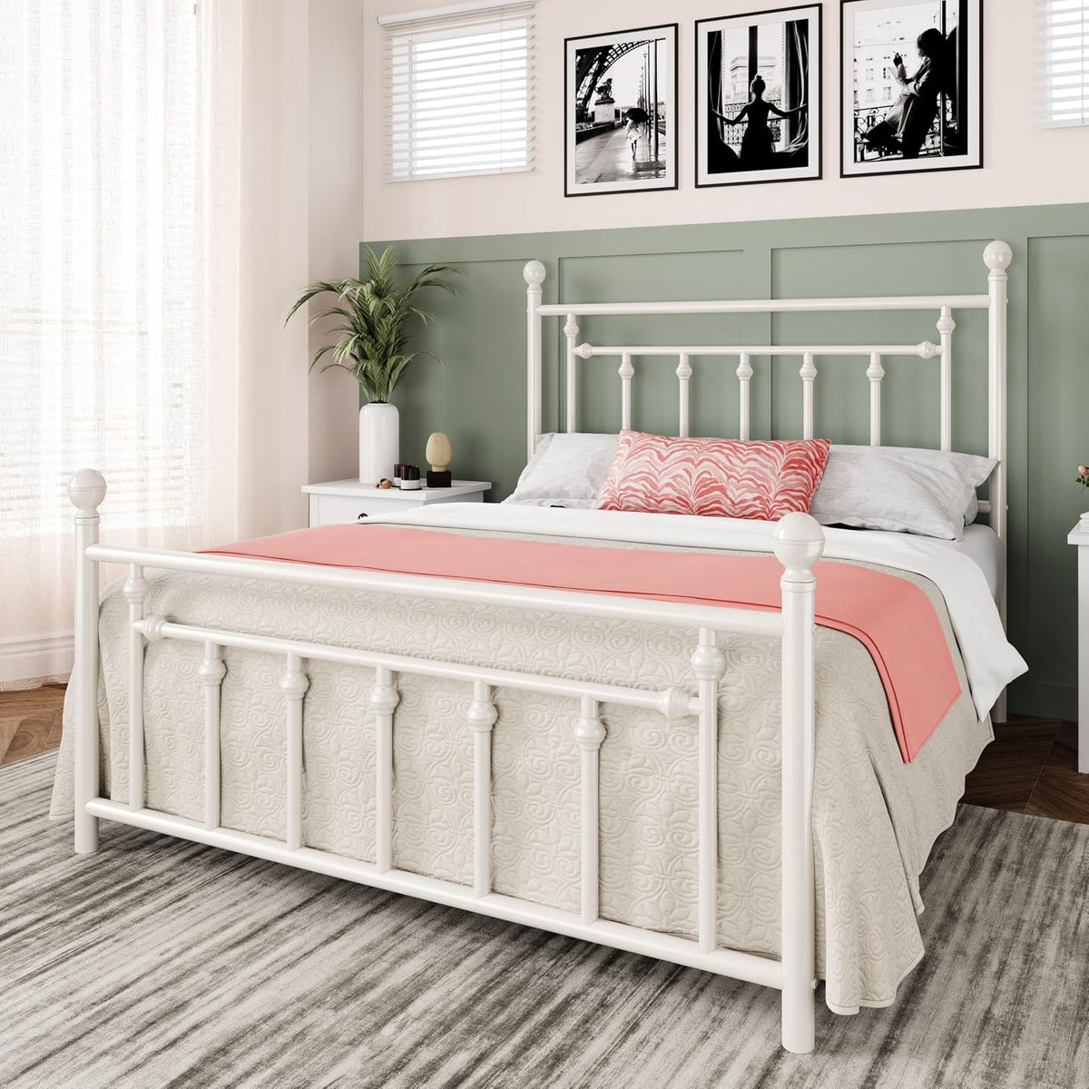 Allewie 14'' Queen Size Metal Platform Bed Frame, Vintage Headboard, White