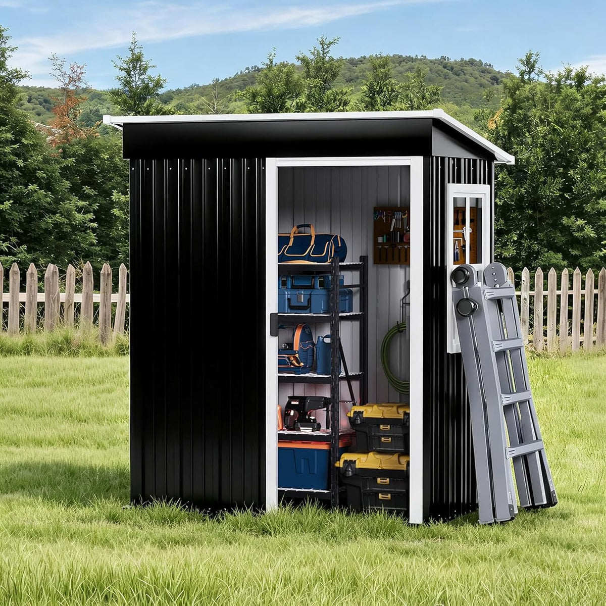 5x3 FT Metal Shed Garden Storage, Garden Shed, Waterproof Galvanized Steel with Window, Outdoor Lean-to Shed with Sliding Door,Lock and Gloves for Patio, Garden, Backyard, Bike, Garbage,Bin (Black)