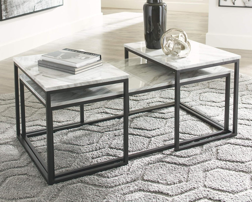 Signature Design by Ashley Donnesta 3 Piece Nesting Coffee Table Set | Space saving design, Decorative laminate over engineered wood, Faux Carrara marble pattern, Black powder coated metal