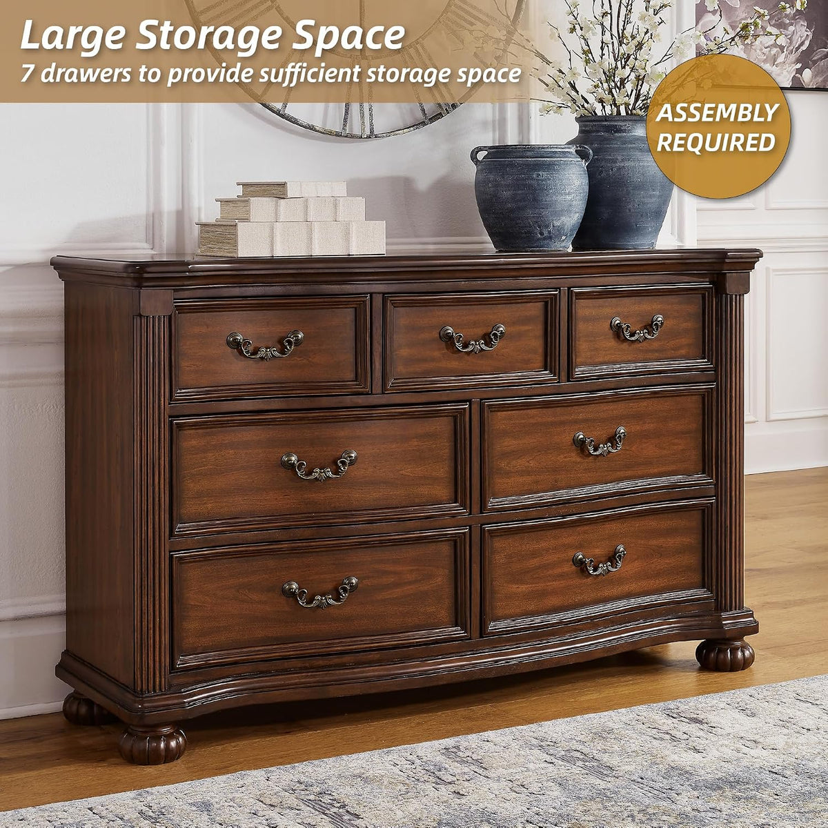 Signature Design by Ashley 7-Drawer Wood Bedroom Dresser, Wide Chest, Brown | Felt-lined top drawers for delicate protection, Sturdy 205 lb frame for master bedroom storage, Lavinton Series