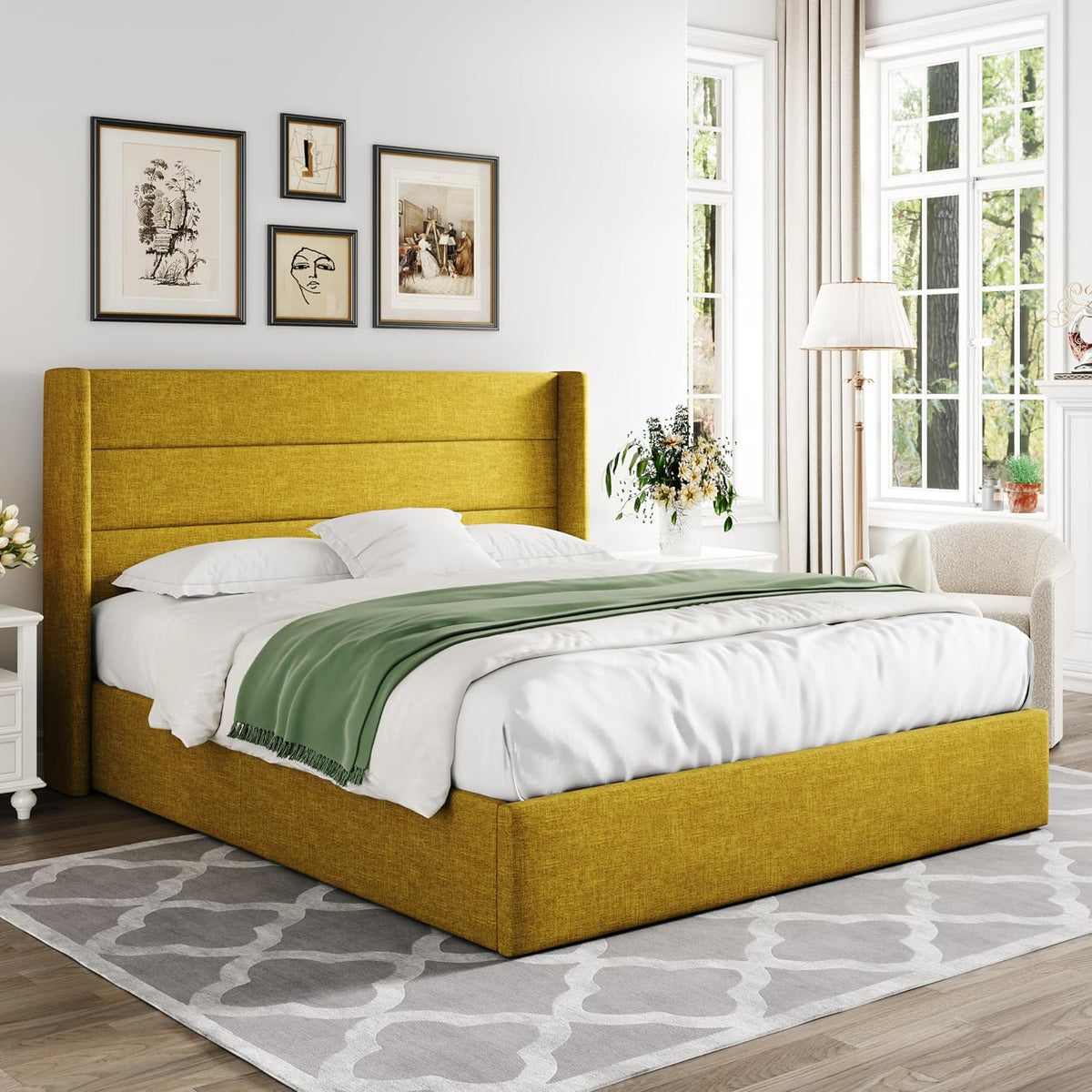 Allewie Queen Size Lift Up Hydraulic Storage Bed Frame Olive Yellow
