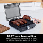 Ninja® Sizzle™ Indoor Grill & Griddle, 14'', 500°F, Grey/Silver, GR101 | Interchangeable nonstick grill & griddle plate, dishwasher-safe lid, 500°F edge-to-edge heat for perfect char-grilled marks.