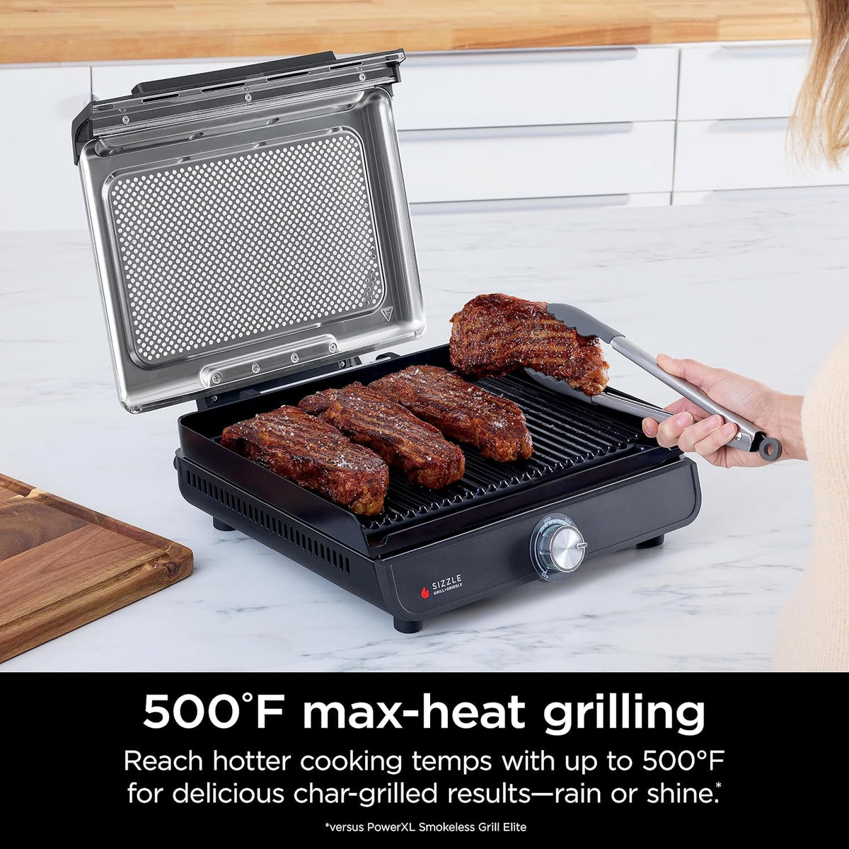 Ninja® Sizzle™ Indoor Grill & Griddle, 14'', 500°F, Grey/Silver, GR101 | Interchangeable nonstick grill & griddle plate, dishwasher-safe lid, 500°F edge-to-edge heat for perfect char-grilled marks.