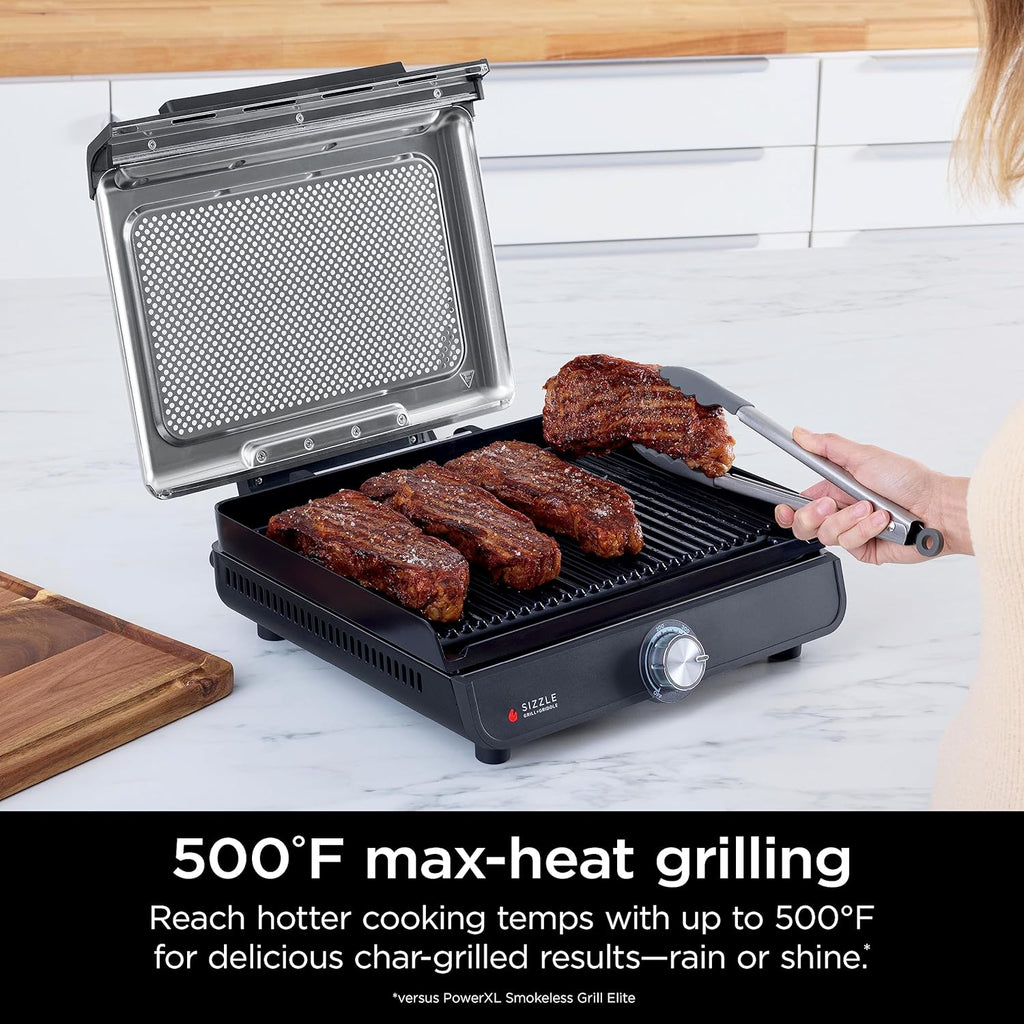 Ninja GR101 Sizzle Smokeless Indoor Grill & Griddle, 14′′ Interchangeable Nonstick Plates, Dishwasher-Safe Removable Mesh Lid, 500F Max Heat, Even Edge-to-Edge Cooking, Grey/Silver (Renewed)