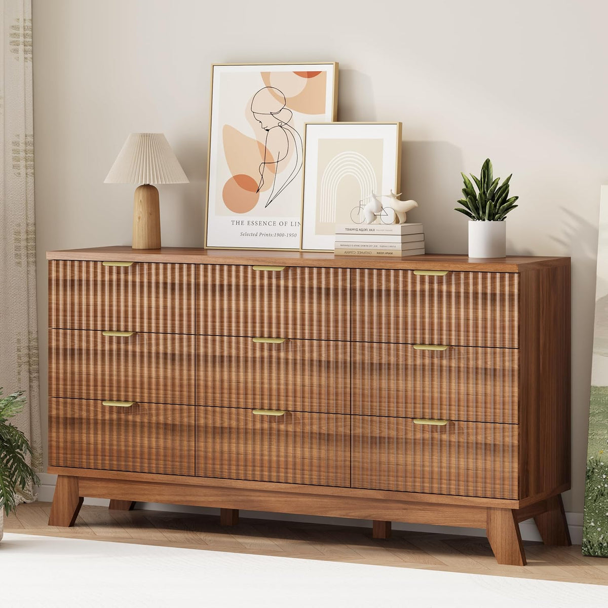 Xixini Fluted Dresser for Bedroom with 9 Drawers, 57" Wide Modern Chest of Drawers with Metal Handle, Wooden Dresser TV Stand, Wood Closet Clothes Storage Organizer for Living Room, Hallway, Walnut
