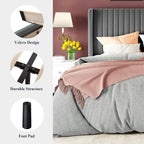 Allewie Queen Size Velvet Bed Frame/Vertical Channel Tufted Wingback Headboard/Upholstered Platform Bed/Strong Wooden Slats/No Box Spring Needed/Easy Assembly/Grey
