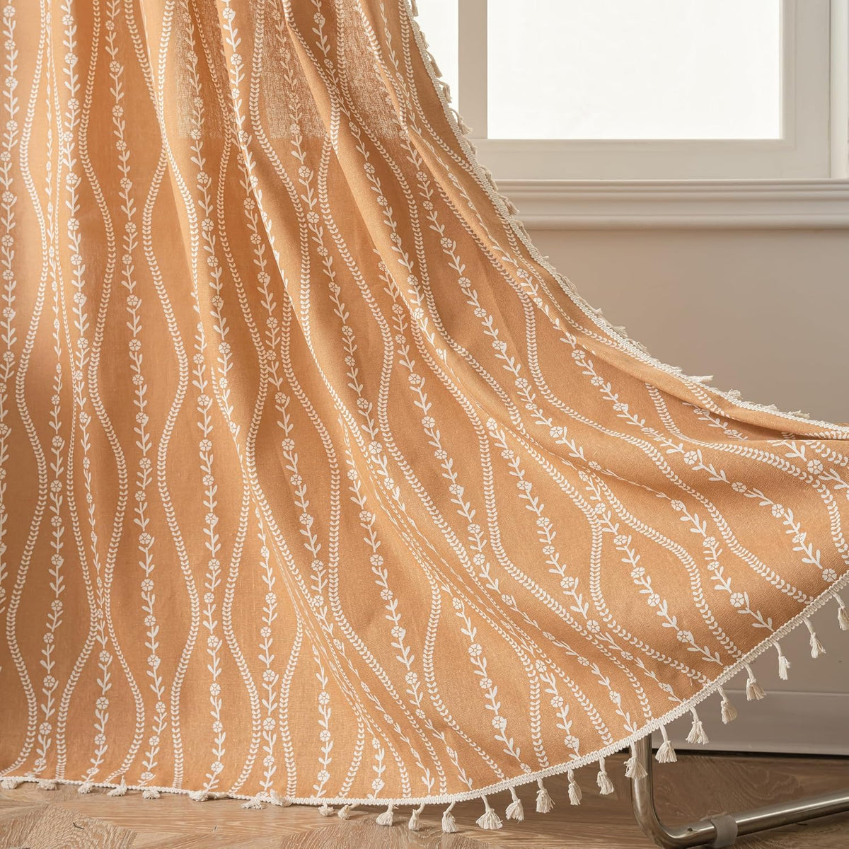 Sutuo Home Boho Curtain Crochet Lace Semi-Sheer Florals Hollow Knitted Handmade Tassels, Rod Pocket Window Treatment Vintage Rustic Farmhouse Drapes for Living Bedroom, 1 Panel 59" W x 84" L, Beige