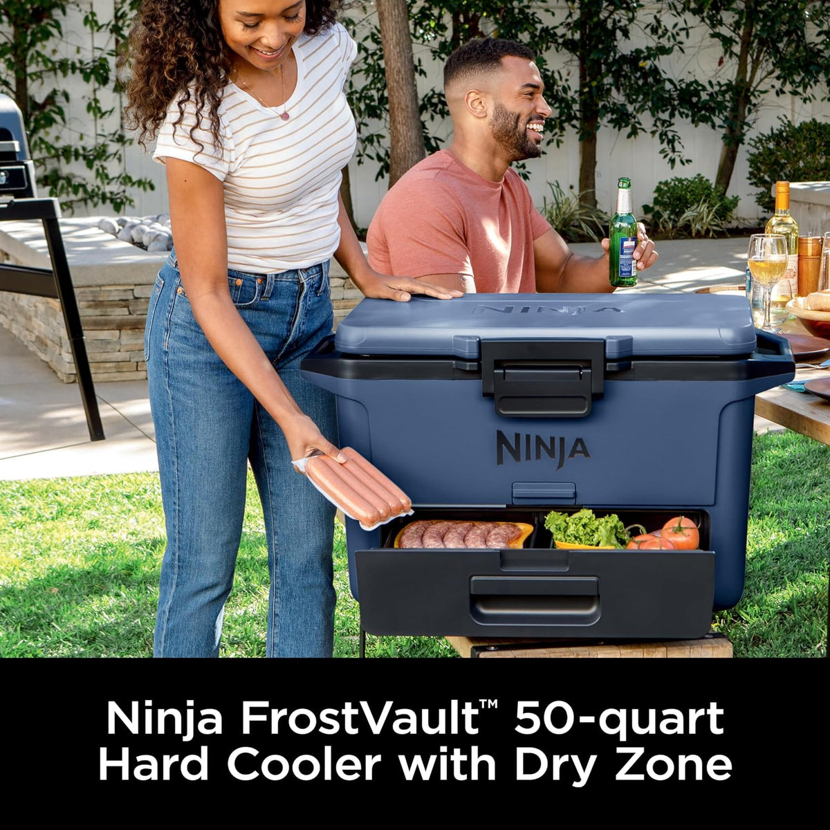 Ninja FrostVault 50qt Hard Cooler, Storage Drawer, Lakeshore Blue FB151BL | Ninja FrostVault keeps food cool, dry & separate under 40°F for days, with 50-qt capacity holding up to 80 cans