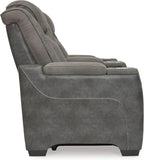 Signature Design by Ashley Power Reclining Loveseat with Console, Gray | Water-resistant faux leather, Zero-gravity recline, Easy View adjustable headrest, Wireless charging, Next-Gen Durapella