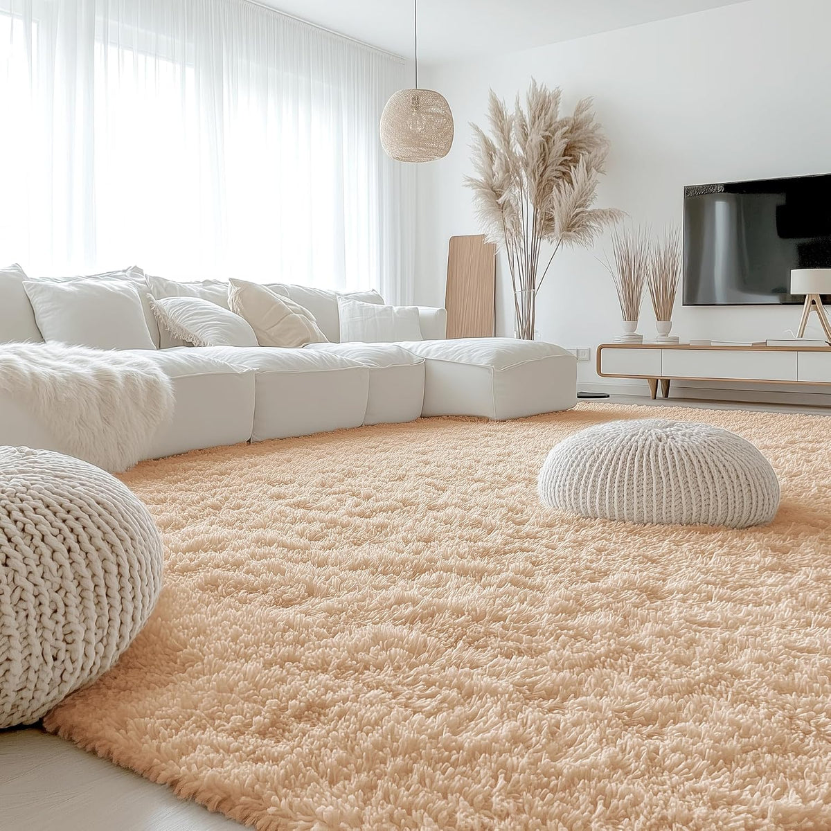OLANLY Beige Round Rugs for Bedroom - Machine Washable, 4 ft Circle Area Rugs for Living Room, Soft and Fluffy Shaggy Carpet for Teen Girls and Boys, Nursery Rooms, Dorms, Home Decor Aesthetic