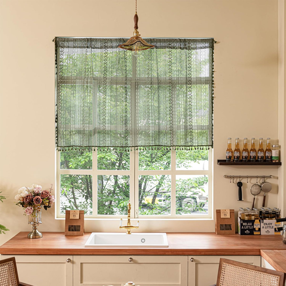 Sutuo Home Boho Curtain Crochet Lace Semi-Sheer Florals Hollow Knitted Handmade Tassels, Rod Pocket Window Treatment Vintage Rustic Farmhouse Drapes for Living Bedroom, 1 Panel 59" W x 84" L, Beige