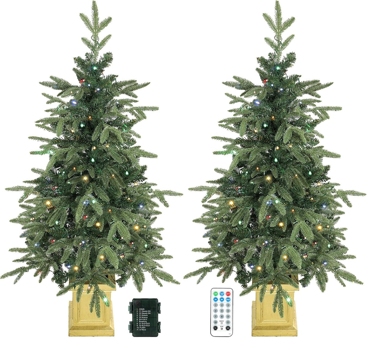 HOMCOM Set of 2 Prelit Christmas Trees with Dual-Colour Lights, Remote, 4ft
