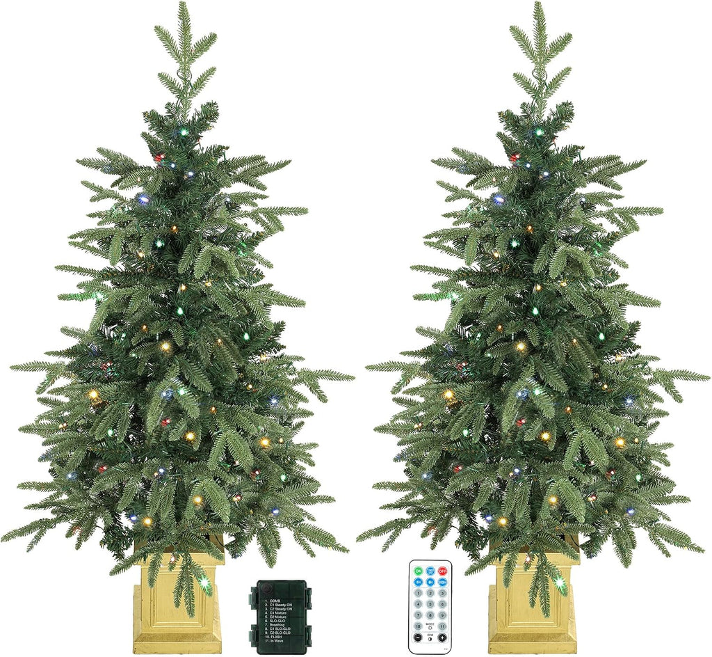 HOMCOM Set of 2 Prelit Christmas Trees with Dual-Colour Lights, Remote, 4ft