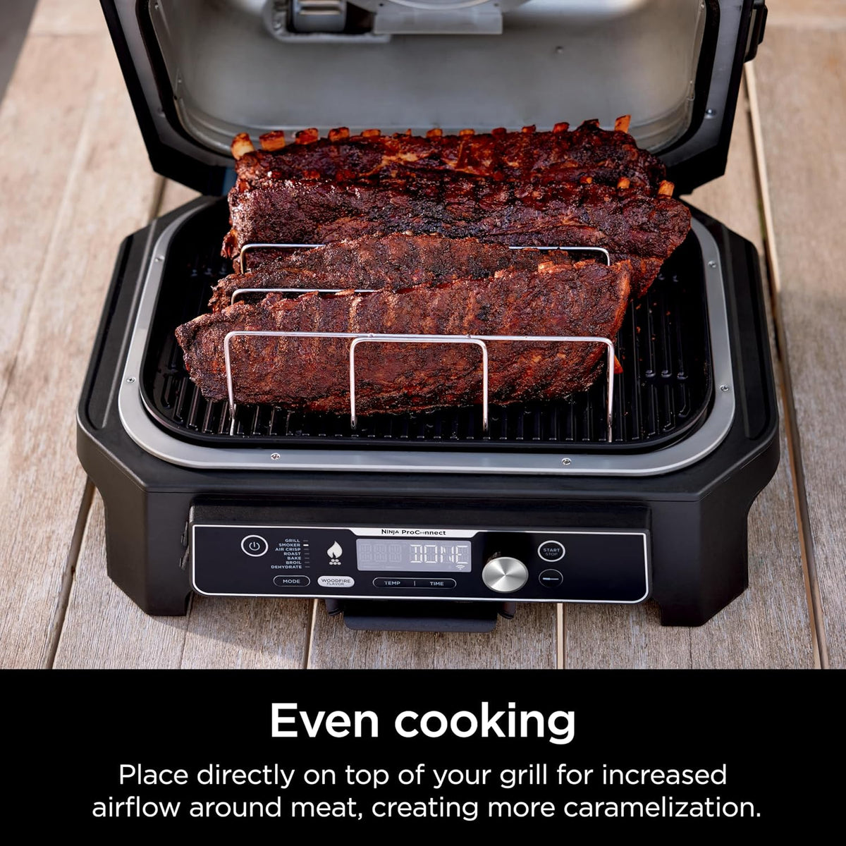 Ninja XL Woodfire Rib Rack, for OG800/OG900, 4-Full Racks of Ribs, Steel | Ninja Woodfire XL Rib Rack raises ribs off the grate for even airflow, fitting up to 4 racks at once for 2x more space
