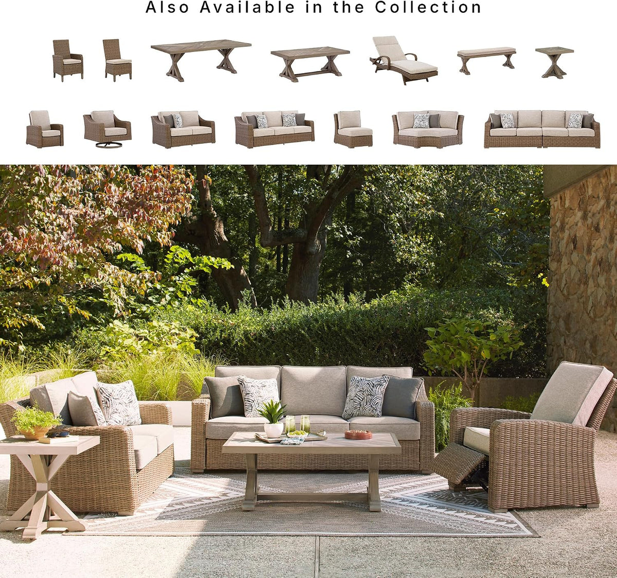 Signature Design by Ashley 3-Seat Outdoor Patio Couch, Handwoven Wicker | Outdoor furniture, Resin wicker over aluminum, Solution-dyed Nuvella fabric, 3-person capacity, Carmel Bay Series