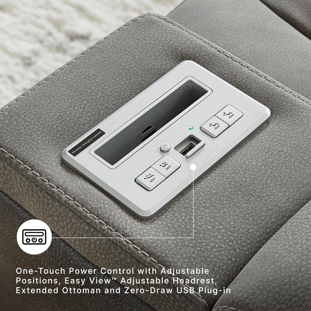 Signature Design by Ashley Faux Leather Power Reclining Sofa, Slate | 15-minute assembly, Zero gravity reclining couch, Drop-down table, Wireless charging, Power headrest, Next-Gen series