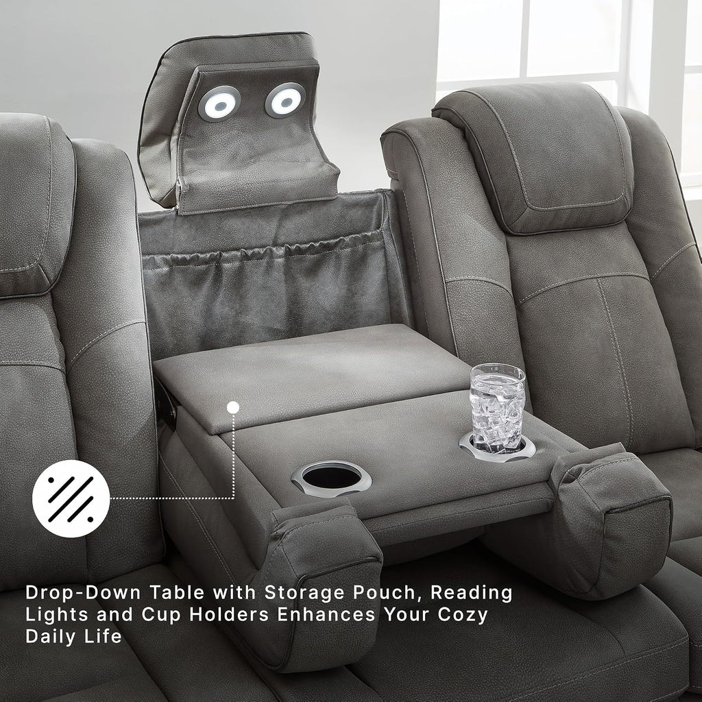 Signature Design by Ashley Faux Leather Power Reclining Sofa, Slate | 15-minute assembly, Zero gravity reclining couch, Drop-down table, Wireless charging, Power headrest, Next-Gen series