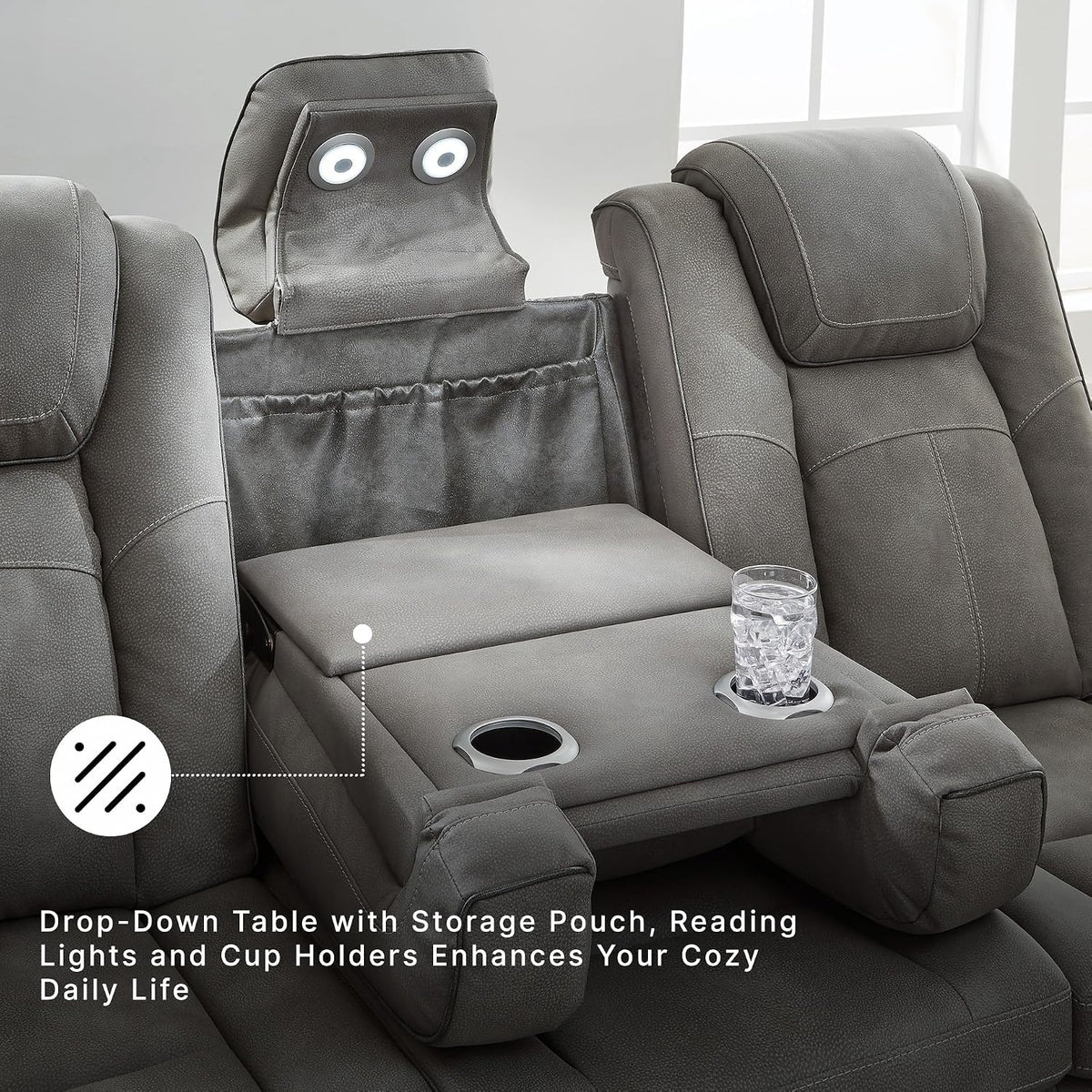 Signature Design by Ashley Faux Leather Power Reclining Sofa, Slate | 15-minute assembly, Zero gravity reclining couch, Drop-down table, Wireless charging, Power headrest, Next-Gen series
