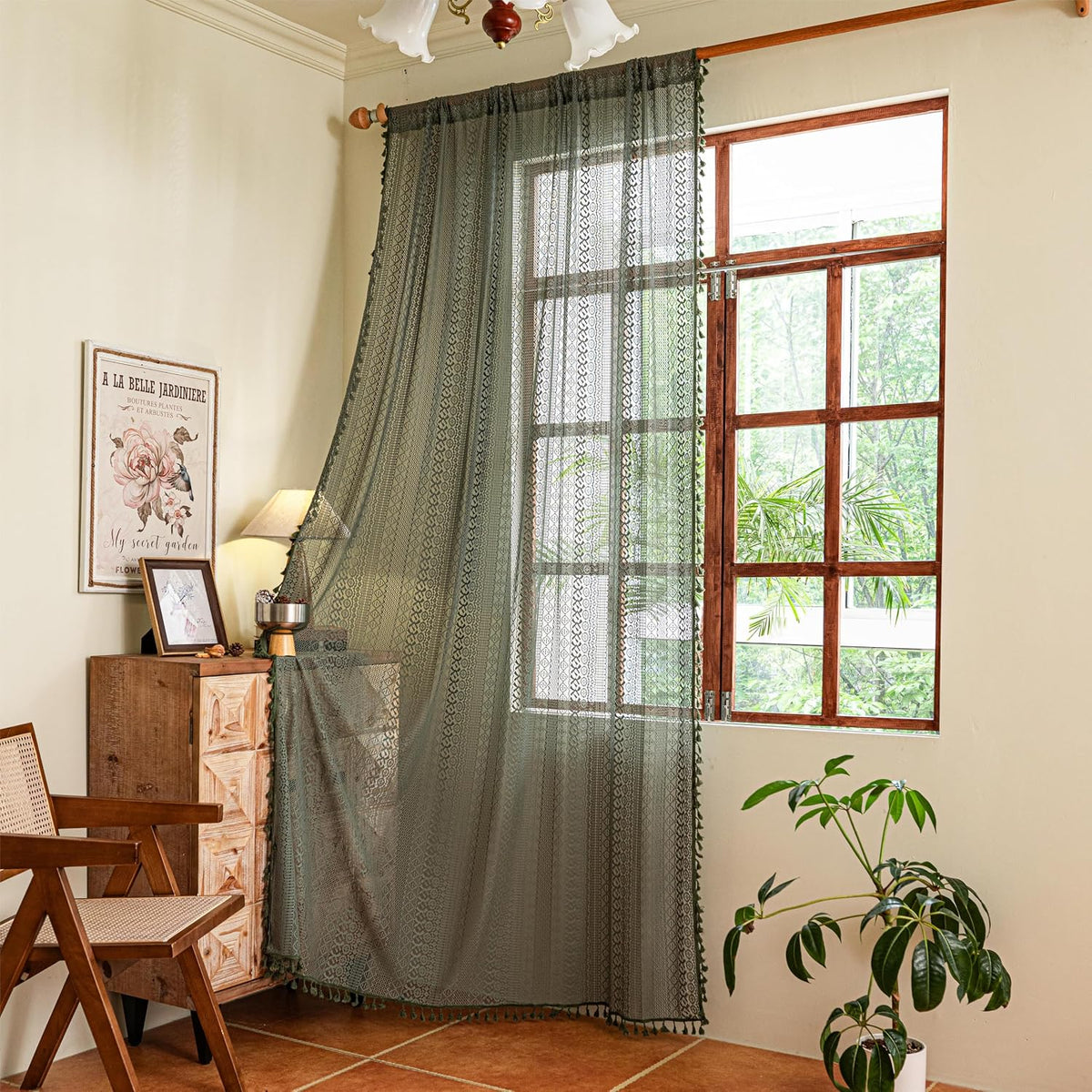 Sutuo Home Boho Curtain Crochet Lace Semi-Sheer Florals Hollow Knitted Handmade Tassels, Rod Pocket Window Treatment Vintage Rustic Farmhouse Drapes for Living Bedroom, 1 Panel 59" W x 84" L, Beige