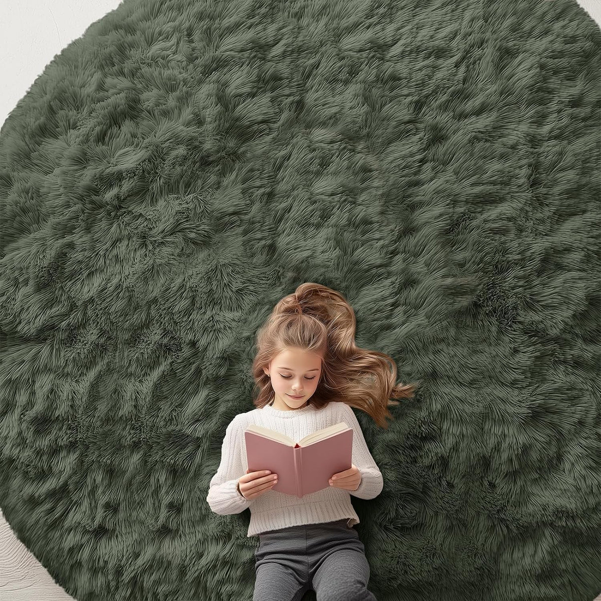 OLANLY Beige Round Rugs for Bedroom - Machine Washable, 4 ft Circle Area Rugs for Living Room, Soft and Fluffy Shaggy Carpet for Teen Girls and Boys, Nursery Rooms, Dorms, Home Decor Aesthetic