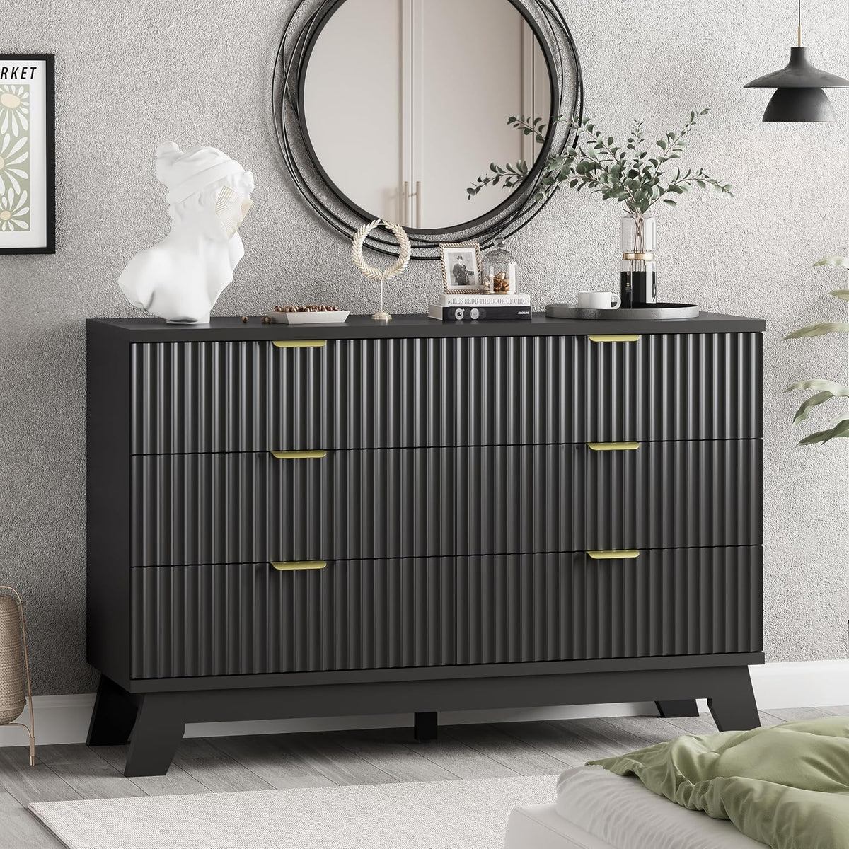 Xixini Fluted Dresser for Bedroom with 9 Drawers, 57" Wide Modern Chest of Drawers with Metal Handle, Wooden Dresser TV Stand, Wood Closet Clothes Storage Organizer for Living Room, Hallway, Walnut