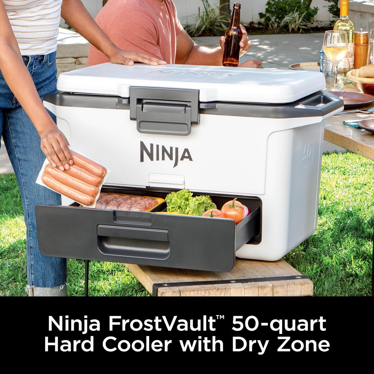 Ninja FrostVault™ 50qt Hard Cooler with Dry Storage Drawer, Spanish Moss | Ninja FrostVault keeps food cool, dry & separate under 40°F for days, with 50-qt capacity holding up to 80 cans