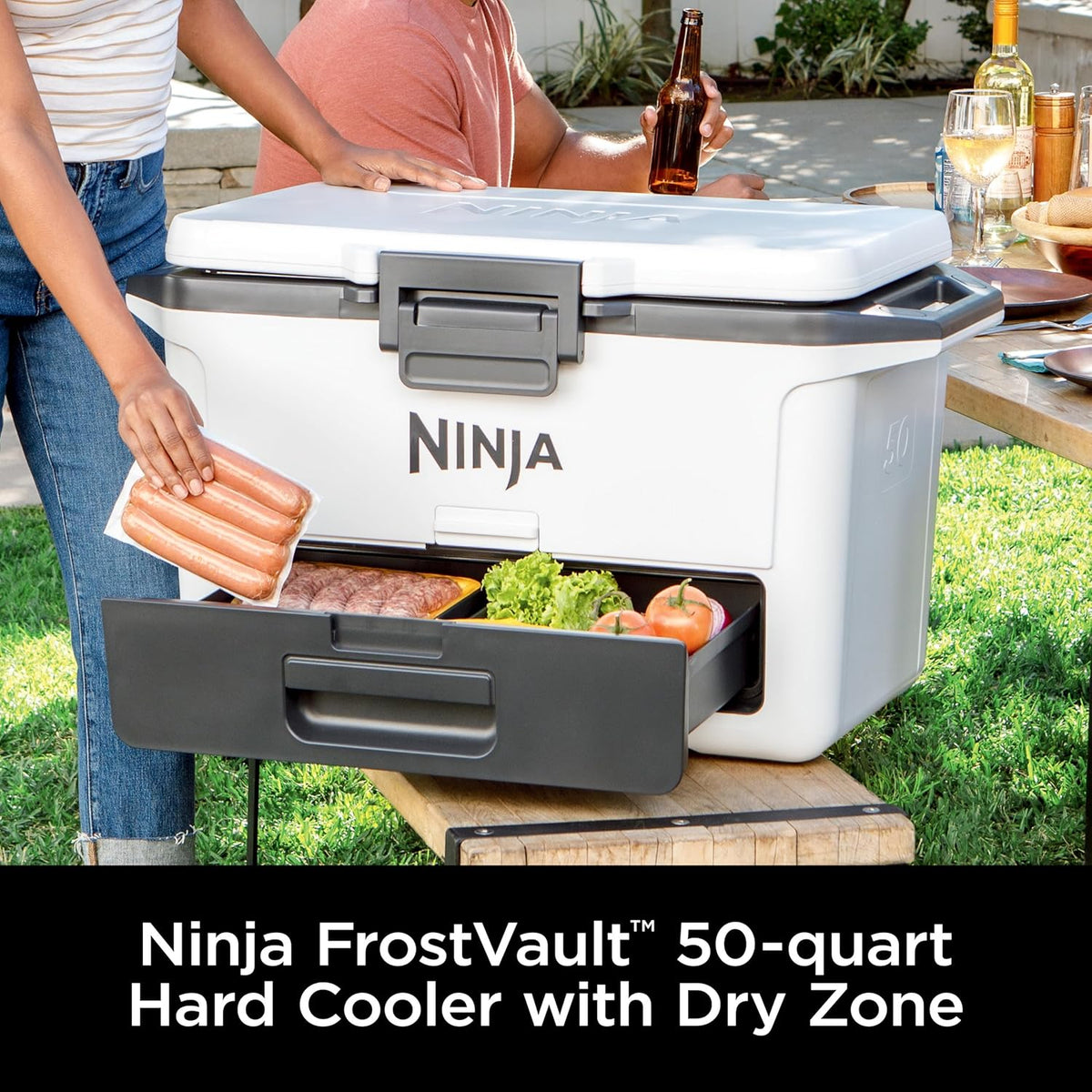 Ninja FrostVault™ 50qt Hard Cooler with Dry Storage Drawer, Luminous Blue | Ninja FrostVault keeps food cool, dry & separate under 40°F for days, with 50-qt capacity holding up to 80 cans