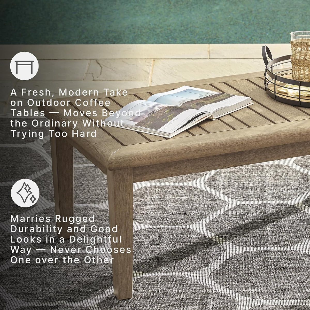Signature Design by Ashley Wood Outdoor Coffee Table, Grayish Brown | Weather resistant eucalyptus wood, 5-step protective coating, Slatted top sheds rainwater, 50-in width, Gerianne Series