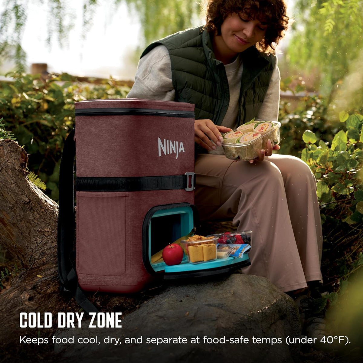 Ninja FrostVault™ Go Soft Backpack Cooler, Dry Storage, Canyon Red | Ninja FrostVault Go soft cooler, stays cool for hours with a leakproof, easy-access lid, and carries like a backpack