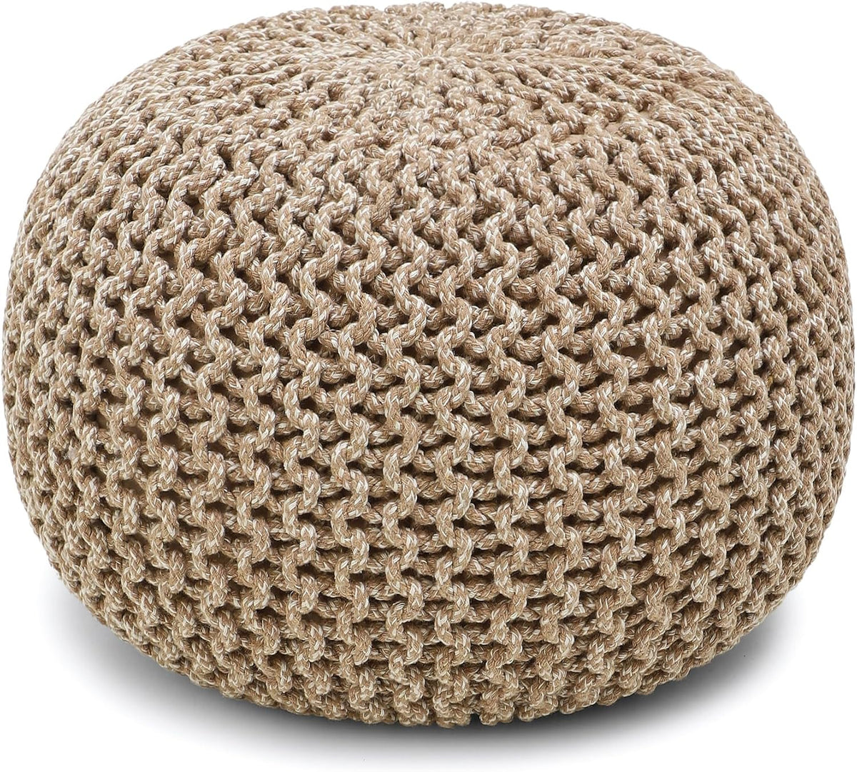 · REDEARTH · Round Pouf Ottoman - Hand Knitted Boho Poof Footrest - Ivory