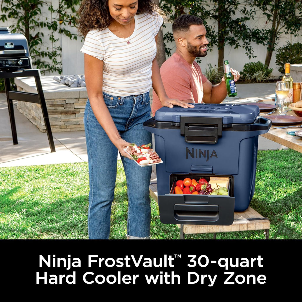 Ninja FrostVault 30qt Hard Cooler, Storage Drawer, Lakeshore Blue, FB131BL | Ninja FrostVault keeps food cool, dry & separate under 40°F for days, with 30-qt capacity holding up to 48 cans.