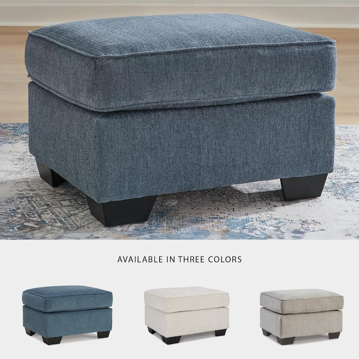 Signature Design by Ashley Ottoman, Cashton Blue Rectangular Foot Rest | 100% polyester Janiere chenille, Crosshatched weave, Ottoman foot rest, Firm foam cushion, Sturdy reinforced frame structure
