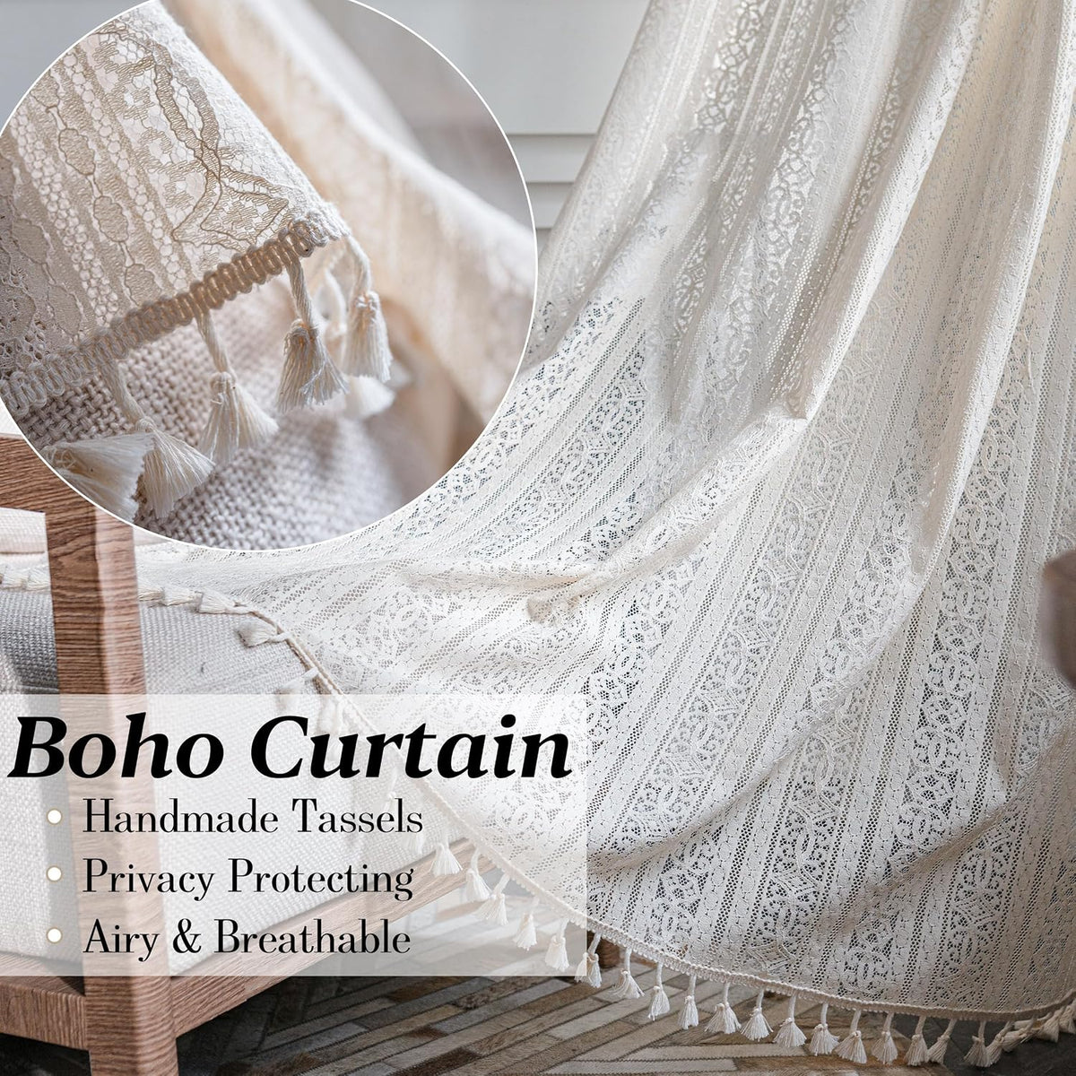 Sutuo Home Boho Curtain Crochet Lace Semi-Sheer Florals Hollow Knitted Handmade Tassels, Rod Pocket Window Treatment Vintage Rustic Farmhouse Drapes for Living Bedroom, 1 Panel 59" W x 84" L, Beige
