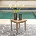 Signature Design by Ashley Gerianne Outdoor End Table, Eucalyptus Wood | Weather-resistant 5-step protective coating, Spacious 24-inch square slatted top, Sturdy 22-pound frame with tapered legs