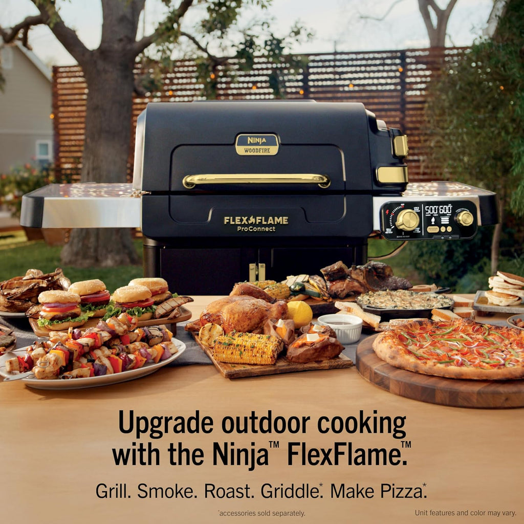 Ninja FlexFlame ProConnect Grill & Smoker, 5-in-1, Black/Gold, PG305 | Ninja FlexFlame ProConnect smokes & griddles with 200-600°F precision, synced to your phone for real-time cook alerts.